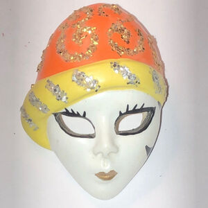 Vintage Porcelain Orange White Hand Painted Face Mask Brooch Shoulder Pin